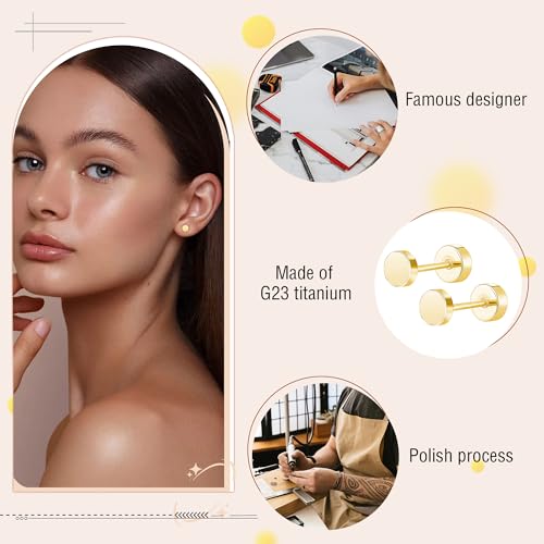 ZDE Women Earrings Flat Back Dot Earrings Titanium Hypoallergenic Cartilage Non-Nickel Earrings Studs for Sensitive Ears Simple Classic 3mm/4mm/5mm/6mm Screw On Stud Earring - color: Gold, size: 3MM