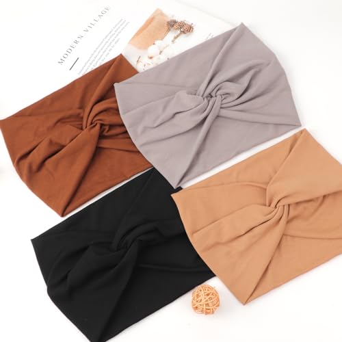 AQOKKA Extra Wide Headbands for Women Large Turban Headband Non Slip Boho Elastic Hairband Hair Twisted Knot Head Bands Accessories - color: 4 Pcs: Brown, Camel, Light Grey, Black