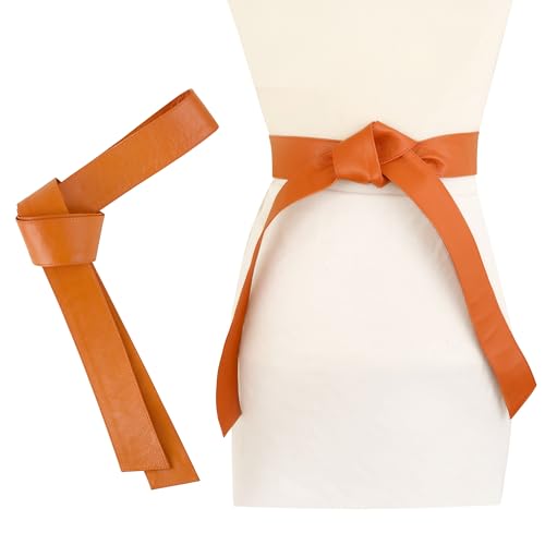 Woman's Obi Sash Tie Plus Size Waist Band Wide Solid Color Genuine Leather Belt - color: Orange