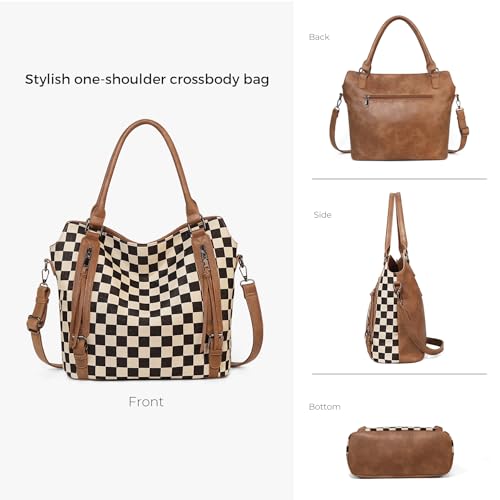 Women's PU Leather Checkered Shoulder Bag with Wallet Set, Large Capacity Tote Crossbody Bag for Daily Use Travel Work