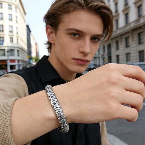 Kim Carrey S925 Sterling Silver Bracelet, Stacked Bracelets Open Bangle Cuff Design, Men's Gift Jewelry for My Man - style: Chainmail