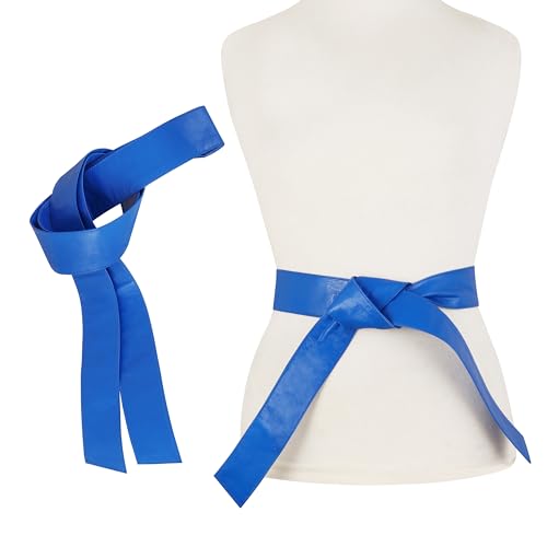 Woman's Obi Sash Tie Plus Size Waist Band Wide Solid Color Genuine Leather Belt - color: Royal Blue
