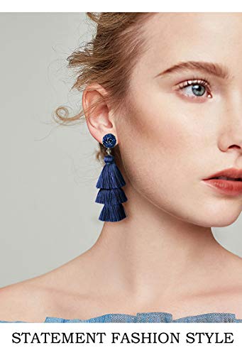 Me&Hz Colorful Layered Tassel Earrings Bohemian Statement Tiered Tassel Big Dangle Drop Earrings for Women Druzy Studs Valentine’s Day Gift - color: Navy Blue