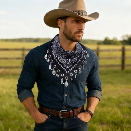 AWAYTR 100% Cotton Bandana for Cowgirl Western Cowboy Costume, 21 Inch Paisley Scarf with Grommet Western Ornaments - color: Black
