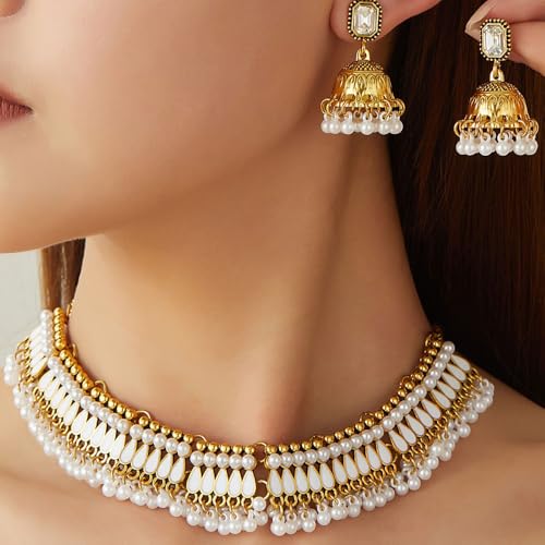 Bohemian Jhumka Earring Necklace Set for Women Bride Wedding Bollywood Crystal Pearl Beaded Antique Gold-Tone Indian Bell Jhumki Dangle Earrings Choker Necklace Ethnic Festive Party Wear Jewelry - color: White