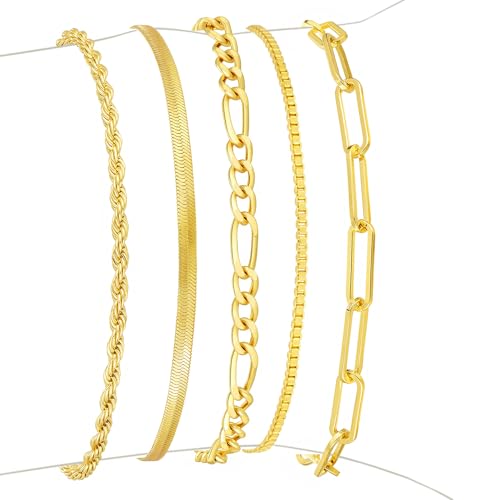 Gold Bracelets for Women, 14K Gold Plated Stackable Bracelet Stack Set Adjustable Charm Paperclip Chain Snake Link Layered Waterproof Jewelry Sets Gifts - style: Bracelets Set /1