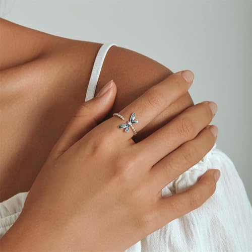 BISAER 925 Sterling Silver Ring Adjustable Cute Unique Cat Snake Butterfly Dragonfly Fashionable Ring For Women Jewelry - color: Green Dragonfly