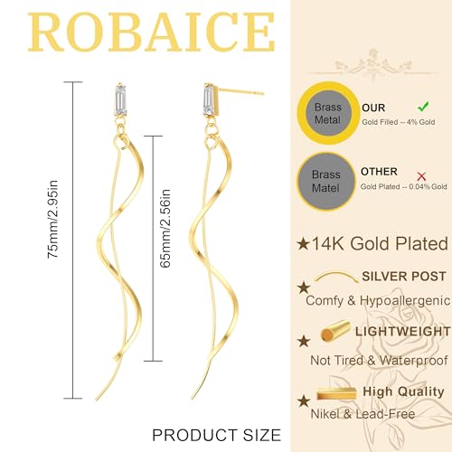 Robaice Gold Long Prom Earrings for Women, 14K Gold Plated Pearl Dangle Drop and Chain Tassel Threader Earrings Dangling，Rhinestone Zirconia Hypoallergenic Bride Party Prom Gold jewelry，Women Gifts - style: C-dangle twist drop