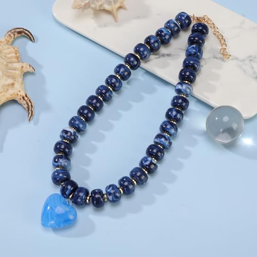 Chunky Colorful Beaded Statement Boho Summer Beach Chokers Necklace Heart Pendant Pink Green Yellow Brown Fashion Jewelry - color: Gold-navy blue 2
