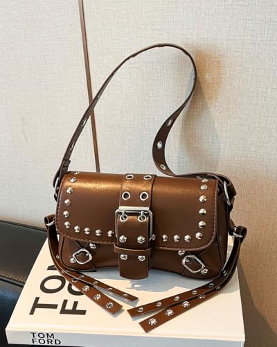 Y2K Trendy Purse for Women, Leather Buckle Punk Hobo Clutch Purses Bags for Ladies Top Handle Shoulder Bag - color: Brown Silver