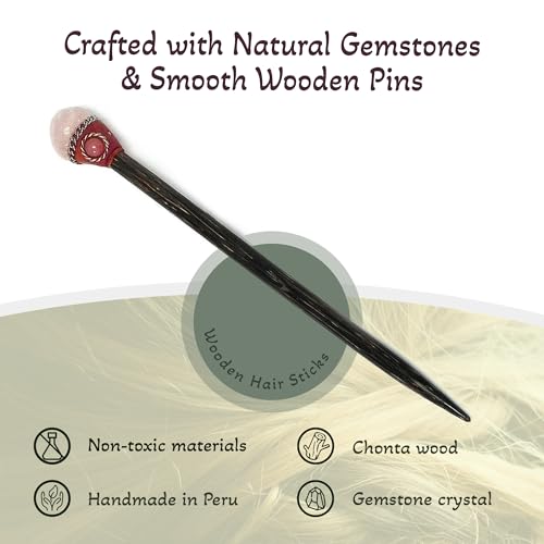 Mia Jewel Shop - Natural Tumbled Healing Gemstone Crystal Chonta Wooden Hair Sticks – Handmade Hair Sticks for Women | Hair Pins Boho Reiki Accessories, Fashion Gifts (Pink Rose Quartz) - color: Pink Rose Quartz
