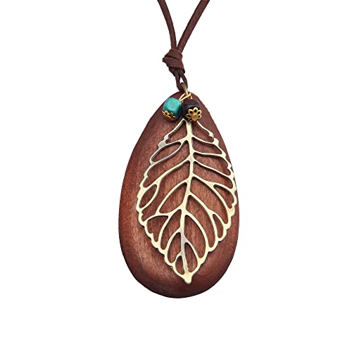 GelConnie Leather Cord Necklace Chain Multilayer Wooden Pendant Necklaces Vintage Jewelry Boho Long Sweater Necklace for Women Men - color: Leaf Leather Necklace