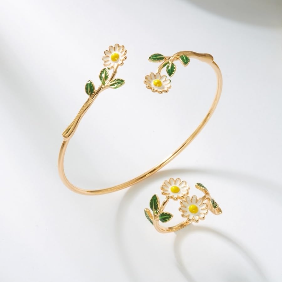 Caiyao 2Pcs Adjustable Sunflower Open Cuff Bangle Bracelets Ring Gold Tone Enamel Daisy Flower Floral Upper Arm Armband Bracelet for Women Boho Summer Inspired Floral Jewelry Gifts - style: StyleB