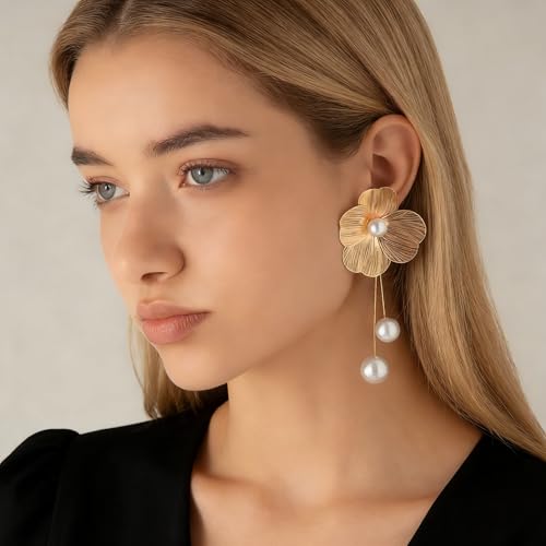Gold Silver Filigree Floral Dangle Earrings for Women, Long Drop Statement Earrings for Vintage Wedding Jewelry - style: Gold Floral Pearl Dangle Earrings