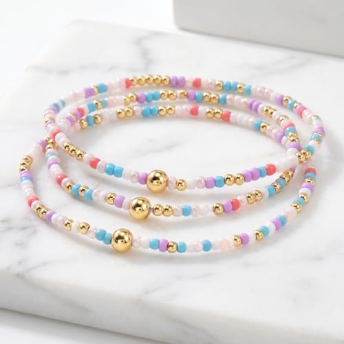 Boho 4Pcs Stack Colorful Small Seed Beaded Bracelets Set for Women, Cute Handmade Dainty Trendy Gold Plated Stretch Accessories Thin Glass Jewelry, Summer Daily Party Friendship Gift - color: Purple White