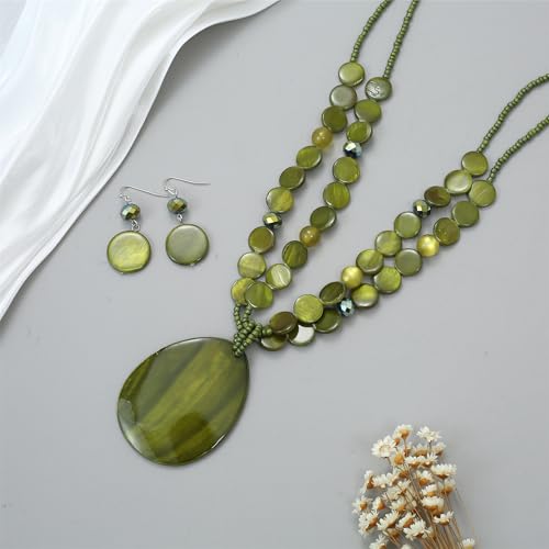 Big Teardrop Pendant Necklaces for Women Colorful Beaded Necklaces Statement Set for Holiday. - color: Olive Green