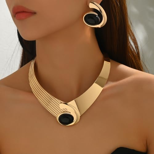 Gold Jewelry Set Chunky Gold Necklace Earring Set for Women Boho Oval Acrylic Earring Necklace Western Adjustable Choker Necklaces Bohemian Jewelry Set For Women - color: Black