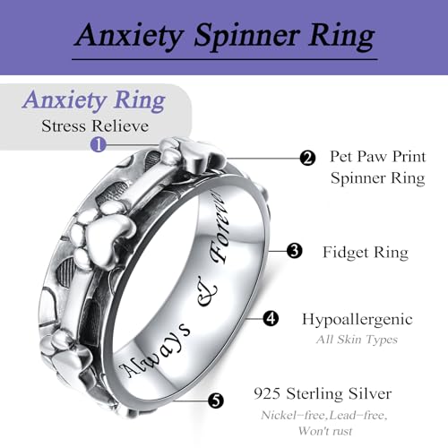 Ladytree Spinner Fidget Ring Sterling Silver Thumb Band for Women Anxiety Ring Platinum Plated Worry Stress Relief Just Breathe Boredom ADHD Autism Rings Boho Jewelry Gift - color: K-wide band oxidized pet paw