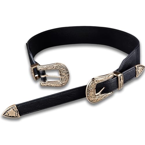 Dubulle Womens Belt Chain Leather Belts Vintage Western Adjustable Elastic Double Buckle for Cowboy Pant Dress - color: Rose Gold Black