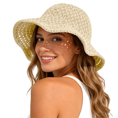 Sun Hat for Women Beach Hat Straw Bucket Hat Summer UV Protection, Packable Breathable Crochet Style - color: 1pack-beige