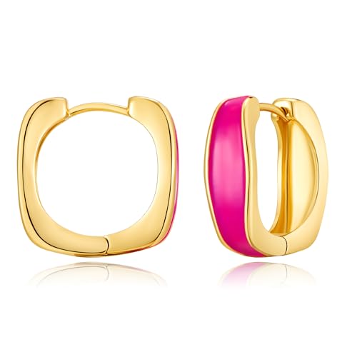 Chunky Hoop Earrings for Women Thick Minimalist Geometric Huggie Hoop Earrings Dainty Thick Y2K Preppy Earrings - style: Square-hot pink
