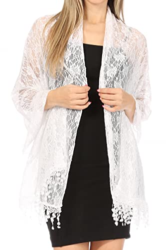 Sakkas Mari Women's Large Lightweight Soft Lace Scarf Wrap Shawl Floral and Fringe - color: Style2-white