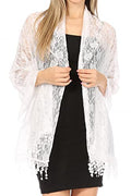 Sakkas Mari Women's Large Lightweight Soft Lace Scarf Wrap Shawl Floral and Fringe - color: Style2-white