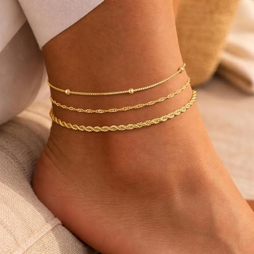 VIROMY Gold Ankle Bracelets for Women - Layered Anklets for Women Waterproof Beach Jewelry Gifts - color: Anklet H-Gold