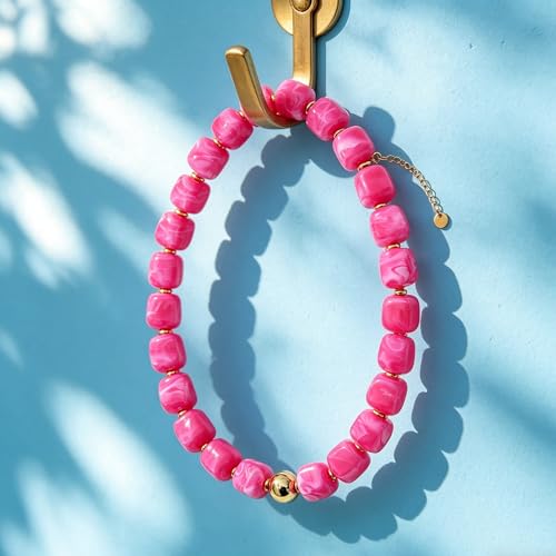 Chunky Beaded Necklace for Women Boho Colorful Statement Choker Necklaces Summer Beach Resin Jewelry Accessories - color: Hot Pink