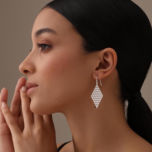 LeCalla Sterling Silver Dangle Earrings for Women | 925 Sterling Silver Long Interlocked Handmade Textured Drop Earring for Women - color: Mesh Briolette Chandelier