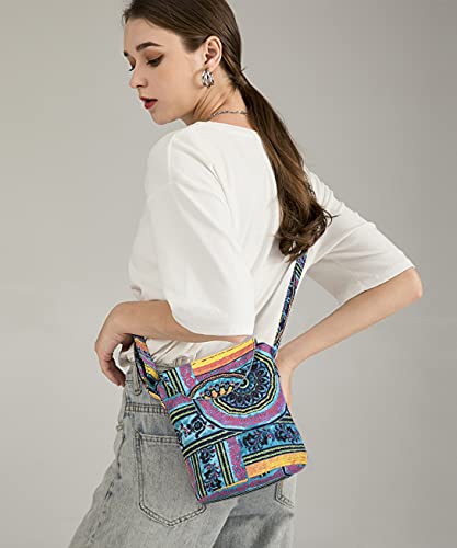 OPQRSTU Women's Retro Small Size Canvas Shoulder Bag Hippie Boho Crossbody Handbag - color: Green-purple