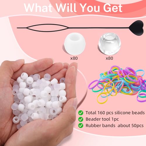 160Pcs 10mm Small Silicone Beads for Hair Braids, Soft Jellyish Pony Hair Beads with 5mm Hole + 50 Rubber Bands and 1 Beader for Braiding, DIY Bracelets Necklaces Crafts (White Clear) - color: White Mix-160Pcs