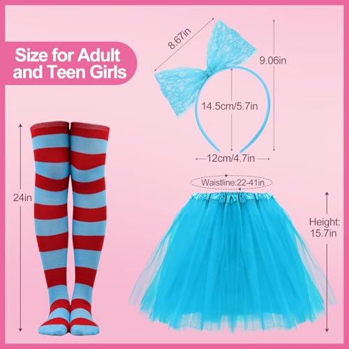 Women Tutu Costume Accessories Set, Striped Knee Socks Tutu Skirt Sunglasses and Bow Headband Colorful Party Favors - color: Light Blue