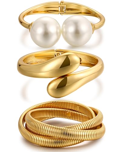 Chunky Gold Bangle Bracelets for Women, Dainty 14k Gold Plated Big Stackable Bangles Set, Trendy Cuff Bracelet Stack Fashion Jewelry Gifts - style: 3 Pearl gold bangles