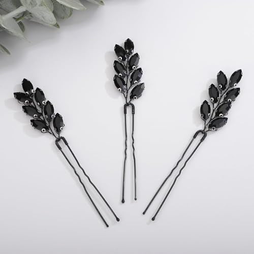 3pcs Black Rhinestones Beads Hair Pins for Women Girls Wedding Bridal Vintage Hair Styling Jewelry (Black) - color: Black