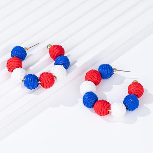Raffia Hoop Earrings Statement Boho Beaded Earrings Cute Rattan Handmade Colorful Jewelry for Women Unique Summer Outfits - color: 4th of July
