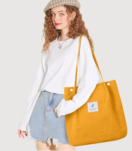 Corduroy Tote Bag for Women Small Canvas Shoulder Purse Cord Handy Bag with Inner Pocket | with Front Pocket - color: 02 Yellow