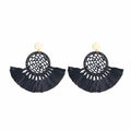 Boho Raffia Summer Beach Earrings for Women, Large Statement Dangle Drop, Lightweight Handmade Woven Fan Tassel Jewelry - color: Black