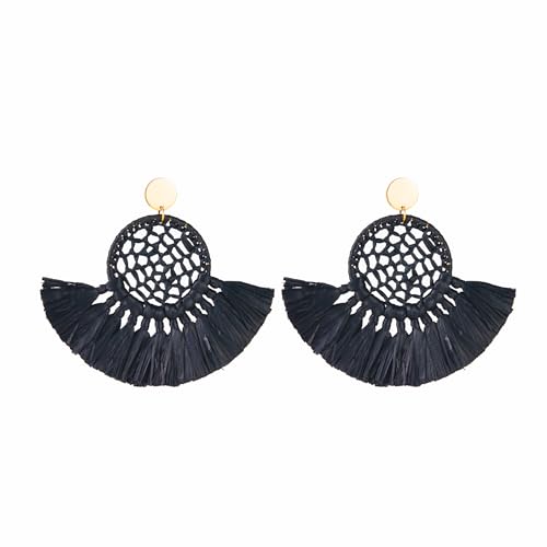 Boho Raffia Summer Beach Earrings for Women, Large Statement Dangle Drop, Lightweight Handmade Woven Fan Tassel Jewelry - color: Black
