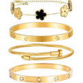 Womens Stackable Floral Gold Bracelets - 4Pcs 18K Gold Plated Bracelet,Stainless Steel Bangle Bracelets Non Tarnish, Gold Bracelet Set Trendy Jewelry,Christmas Valentines Birthday Gifts for Girlfriend - color: Bracelets Stack 4Sets (Floral Black+Gold Brac