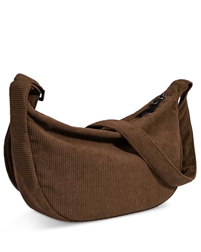 Crossbody Crescent Bag for Women Men Trendy, Crescent Sling Bag with Adjustable Strap, 2 Zippers Lightweight - color: Corduroy-cafe