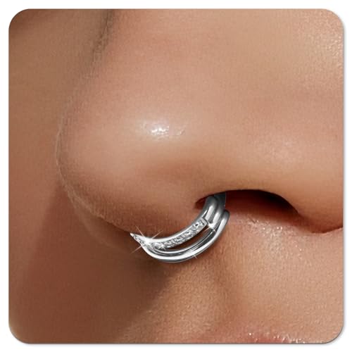 Small Cartilage Double/Triple-Hoop Helix Conch Piercing Earrings With Cubic Zirconia For Women Trendy 14K Gold Plated Titanium Surgical Stainless Steel Sets Nose Rings Hoops Septum Rings - color: Silver, style: B-4Pairs-16Gauge-Double CZ hoop