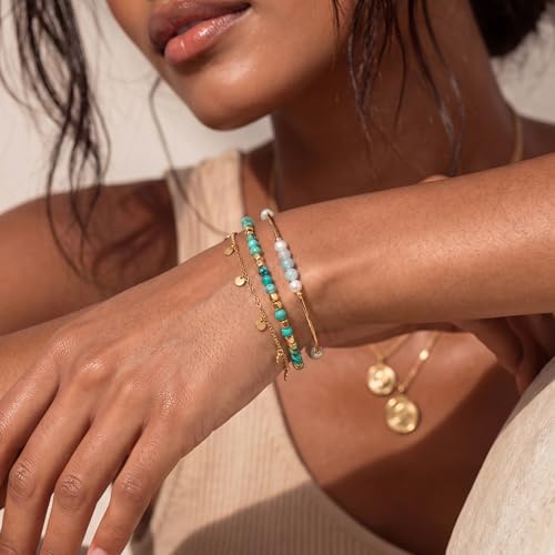Fettero Beaded Bracelets for Women Charm Natural Stone Handmade Beads White Gold Plated Dainty Gold Bracelets Non Tarnish Boho Summer Beach Vacation Jewelry - color: Green Tur