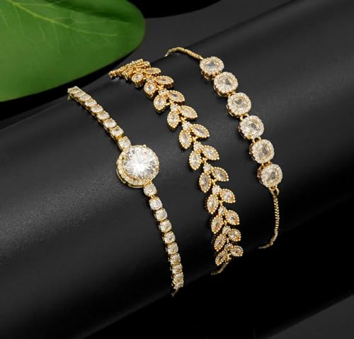 Tennis Bracelet for Women Cubic Zirconia Bracelets Adjustable Slider Bracelets - color: Gold