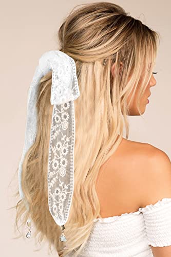 GERINLY Solid Color Long Neckerchief Pure Skinny Scarf Necktie for 50's Costume Party Wedding Cosplay Accessory Headband - color: Y-white