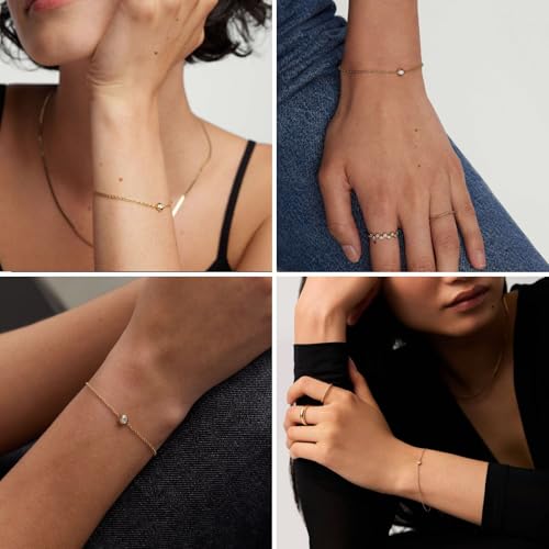 NOKMIT Solid 925 Sterling Silver Bracelets for Women, Dainty Interlocking Circles Cubic Zirconia Adjustable Chain Bracelet, Trendy Stackable Link Bracelets, Simple Cute Jewelry Gifts - color: Gold Bezel-Set CZ