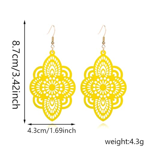 Bohemian Wood Earrings Natural Retro Lightweight Hollow Pattern Geometric Wooden Dangle Drop Earrings Statement Vintage Jewelry - color: Yellow
