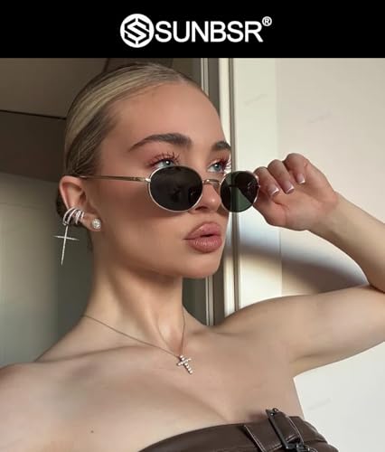 Retro Oval Sunglasses for Women Men 90s Trendy Small Round Gold Sun Glasses Fashion Narrow Metal Frame Shades - color: Gold/G15