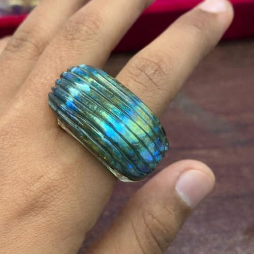 Blue Green Labradorite Stone Statement Ring – Iridescent Polished Gem Look Silver Tone Band – Handmade Bold Fashion Jewelry for Women & Men - size: 4