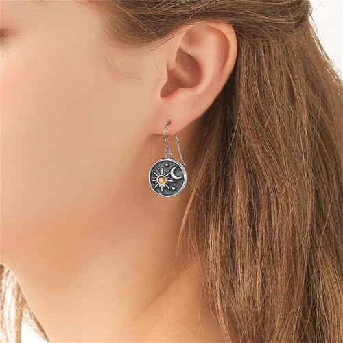 Dreuyet Vintage Sun Moon Earrings and Necklace Set for Women Boho Antiqued Crytal Sun Moon Dangle Drop Earrings Necklace Unique Handmade Retro Round Coin Celestial Jewelry Gifts - color: Silver Black